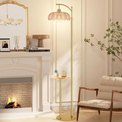 Image of QIYIZM Gold Floor Lamp with Table and Shelves for Living Room Bedroom,Glass Standing Lamp with Remote Dimmable,Boho Brass Tall Lamp Vintage Farmhouse Arc Flower Floor Light Bohemian
