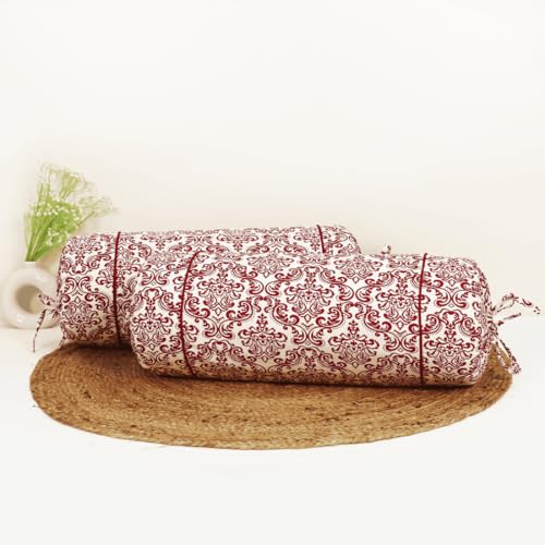Image of AURAVE Cotton 144 TC Printed Bolster Cover with Drawstring Closure, Set of 2, Soft Breathable Durable Machine Washable for Sofa Bed & Home Decor, 15 inchx30 inch, Maroon | Cover Only