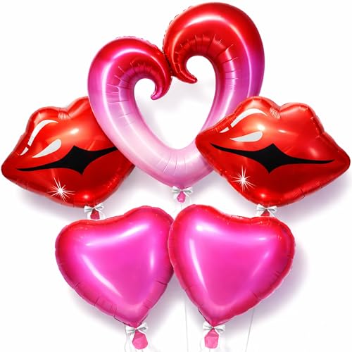 Image of KatchOn, Huge Red Lip and Heart Balloons Decorations - 36 Inch, Pack of 5 | Pink and Red Heart Shaped Balloons | Cute Heart, Lips Balloons | Pride Decorations, Pride Month Decorations