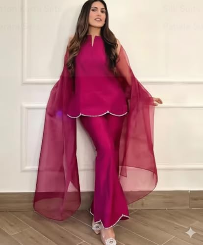 Image of Women's Teal Chiffon Kurta with Dupatta and Palazzo Pants, 3-Piece Ethnic Suit Set