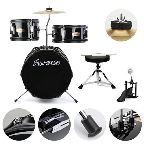 Asmuse Drum Set, 3 Piece Drum Set With Bass, Tom, Snare, Cymbal, Ideal Gifts For Boys And Girls (Black) #TOP3