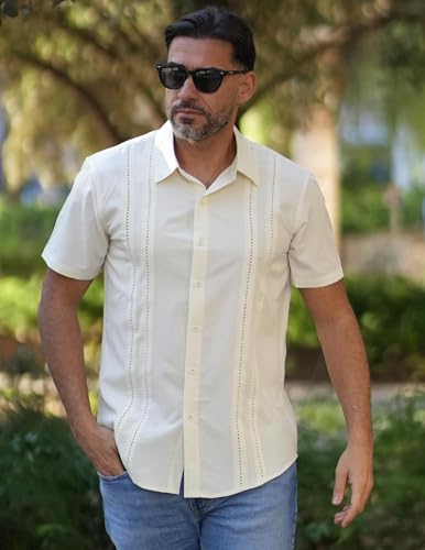 Image of COOFANDY Mens Cuban Guayabera Shirt Short Sleeve Button Down Shirts Summer Beach Vacation Shirts