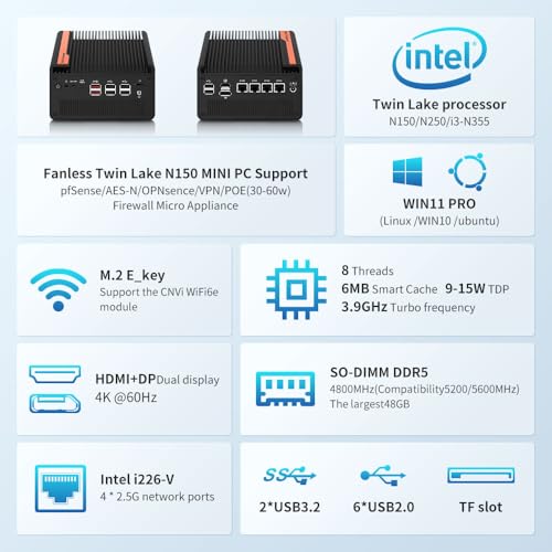 Image of All-Flash SSD Mini PC N100 NAS 5 M.2 Nvme Pocket NAS Small PC,4X2.5GbE LAN Mirco Desktop Computer 2HD 4K@60HZ,Router /QNAS /Firewall DDR5 for Office Business (Barebone, N150)