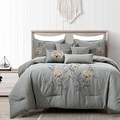 LinenTopia Luxury 7-Piece King/Cal-King Comforter Set w/Shams Cushions, Modern Bright Golden Lotus Petal Flower Serenity Light Gray Beautiful Accent Designs,BedCover Bed in Bag(22257V, Serena, K/CK) Cover