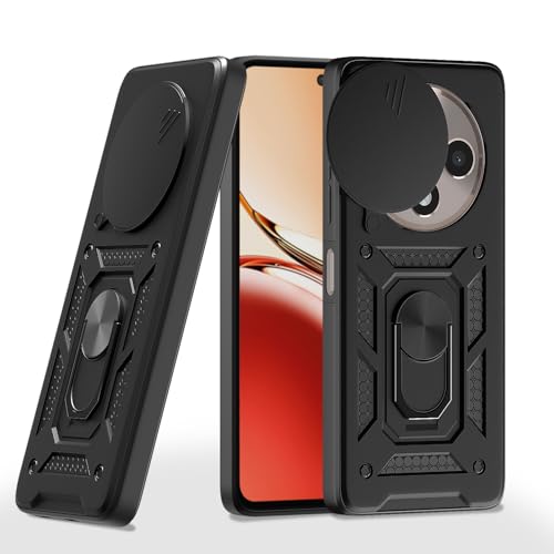 Image of Pikkme D10 Tough Armor Bumper Case | 360 Protection Case | Sliding Camera Shield Cover & Ring Holder Stand Back Cover for Oppo Reno 12 F 5G (Black)