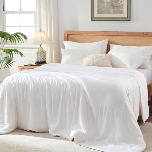 Globon Cooling Comforter Oversized King Lightweight Summer Comforter for Hot Sleepers Ultra Soft Bamboo Viscose Fabric Breathable & Moisture Wicking Soy Fiber Blend Fill White