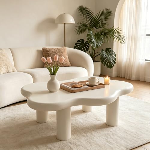 40 Inch Modern Coffee Table Cloud Shaped Lacquered MDF with Stable Round Legs Durable Easy Assembly Perfect for Living Room Small Spaces & Stylish Home Decor (Cloud-40 White1)
