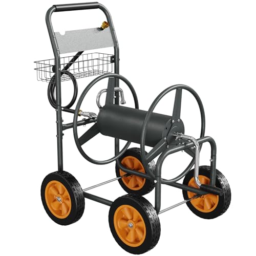 Garden Hose Reel Cart with Wheels-Heavy Duty Garden Hose Cart with Connector,Holds 300FT 5/8in Hoses,Portable Metal Water Hoses Storage Carts for Outs