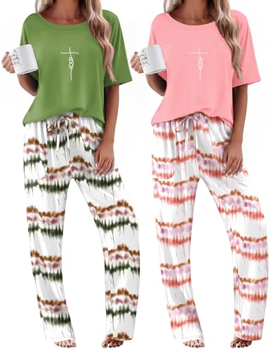 Image of Ekouaer 2 Pack Womens Pajamas Sets Short Sleeve Long Pants Pjs Lounge Set