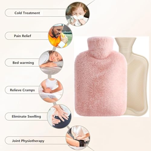 Image of Hot Water Bottle with Soft Cover 2000ml | Durable Hot Bags for Pain Relief Menstrual,Period Cramps | Leakproof Safe Portable Injection Water Bag for Neck,Hand Feet and Shoulder,2 Liters,Pink)