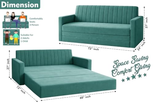 Image of Rosebell Foldable Sofa-Cum-Bed | Three-in-One Convertible Couch with Armrest | Modern Fabric Sofa for Living Room, Bedroom & Office - Green Color