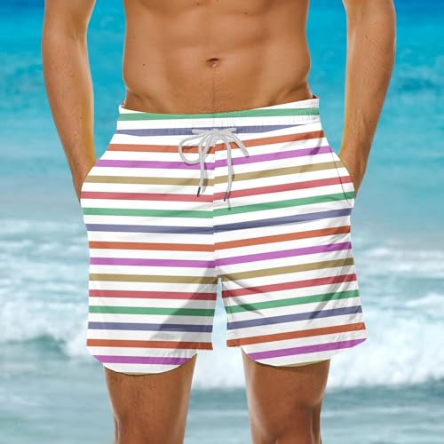 Mens Casual Striped Swim Shorts Drawstring Waist Loose Fit Board Trunks Quick Dry Lightweight Beachwear Shorts 20252