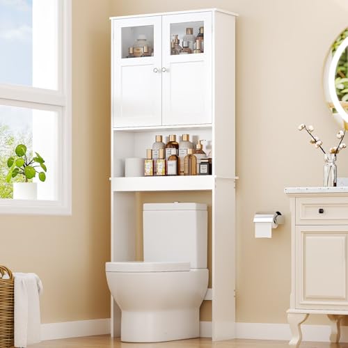 LEADZM Meuble de WC avec étagère réglable et Placard à 2 Portes Verre
