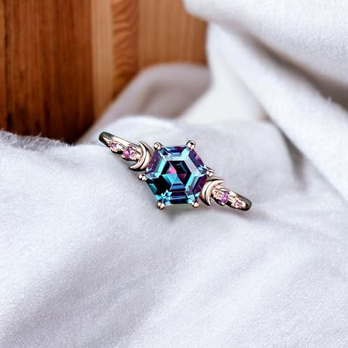 Alexandrite Engagement Ring for Women - Hexagon Cut Alexandrite with Amethyst Accents - Rose Gold Plated Celestial Moon & Star Ring - Vintage Handmade Jewelry Gift for Anniversary, Birthday, Wedding3