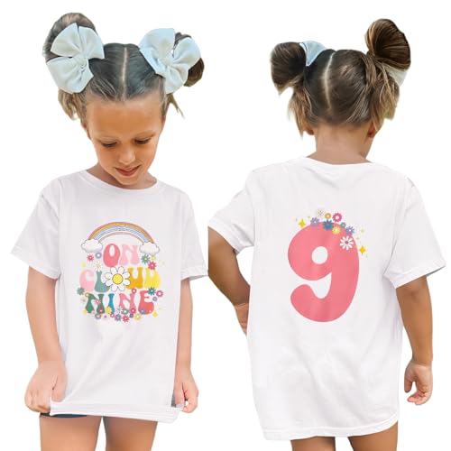 GLIGLITTR On Cloud Nine Birthday Girl Shirt 9 Years Rainbow Kids 9th Birthday T-Shirt White