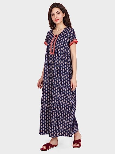 Image of Evolove Women's Cotton Long Maxi Night Gown Nighty Dress with Pocket & Stylish Button, Super Soft Comfortable (LNG-Button)
