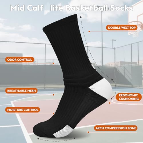 Finerview Elite Basketball Socks, 4 Pack Cushion Performance Crew Athletic Socks for Adult & Youth Kids