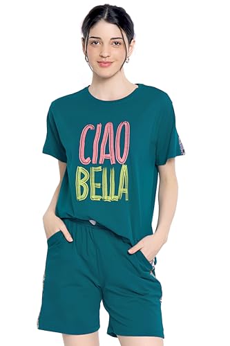Image of ZEYO Night Suit for Women's Typography Printed Cotton Night Dress of Top and Shorts