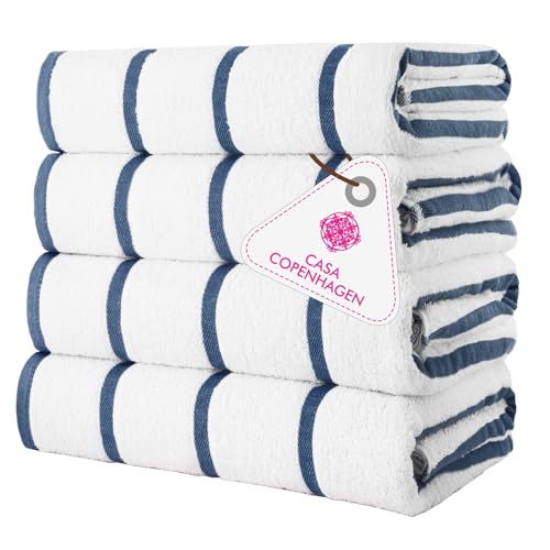 Image of CASA COPENHAGEN Cabana Pool 4-piece set of large bath towels, 76x152 cm, 550 GSM, designed in Denmark, made from soft Egyptian cotton for bathroom, kitchen & shower - navy blue striped