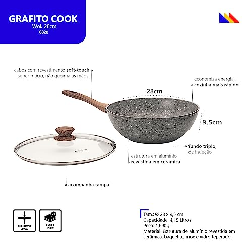 Mimo Style Wok Linha Cook 28cm/4,15L - Estrutura em Alumínio Revestida em Cerâmica, Fundo de Indução