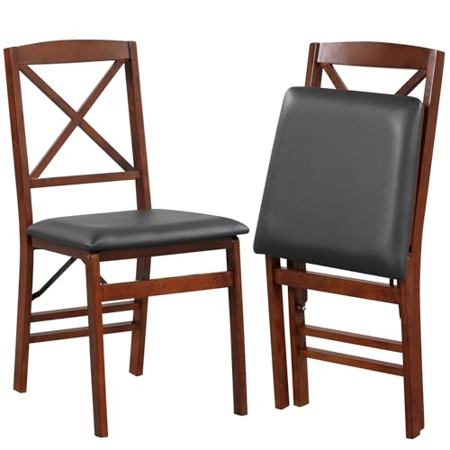 Image of COSTWAY Folding Dining Chairs Set of 2, Upholstered Wooden Dining Room Chairs with X-Shaped Back, 400LBS Capacity and Solid Wood Frame for Kitchen Apartment (Brown & Black)