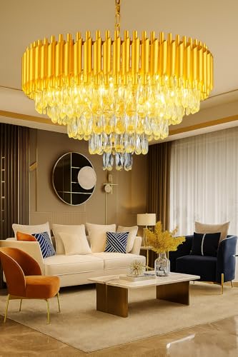 Image of TRIXY Chandeliers Lights for Ceiling Pure Gold Round Crystal Pendant Light Lamp | 4 Tier, K9 Crystal 500mm Fancy Jhoomar Lamp Fixture for Bedroom, Dining Room, Living Room Interior Lighting