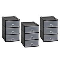 Set of 3- Plastic 3 Tier Drawer Storage Tower Unit Modular Storage Cabinet Chest Drawer Office Files Home Makeup Organiser Multipurpose Space Saving For Stationery School Garage Bathroom (Clear/Black)