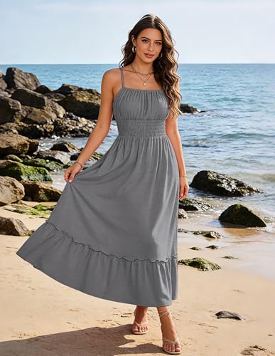 Image of GRACE KARIN Women's Summer Maxi Dress 2026,Smocked Ruched Bust Sundress with Adjustable Straps & Pockets-Beach Vacation Dress