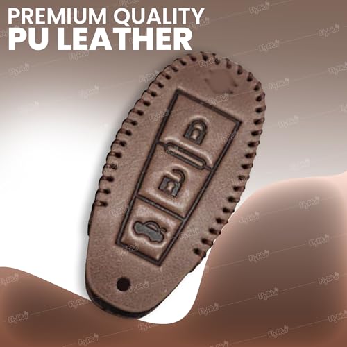 Image of Soft Handmade Leather Key Cover Compatible with Maruti Suzuki Baleno Ciaz Vitara Brezza S Cross Swift Ignis & Toyota Urban Cruiser 3 Button Smart Key Protection with Keychain (Brown)