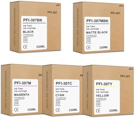 SRITE PFI-307 PFI 307 Ink Cartridges 330ml Replacement for Canon PFI-307MBK PFI-307BK PFI-307C PFI-307M PFI-307Y for Canon ImagePROGRAF iPF830 iPF840 iPF850 CAD Plotter(5-Pack)