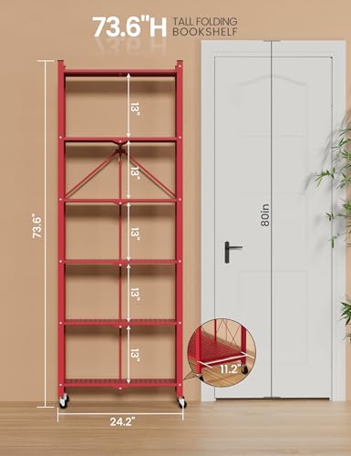 Image of ALANNG 73.6 Inch Folding Bookshelf, 6 Tier Metal Bookcase and Bookshelves | Tall Shelves for Living Room Office Bedroom, Heavy Duty Book Shelve Free Standing Open (Red, 3PACK)