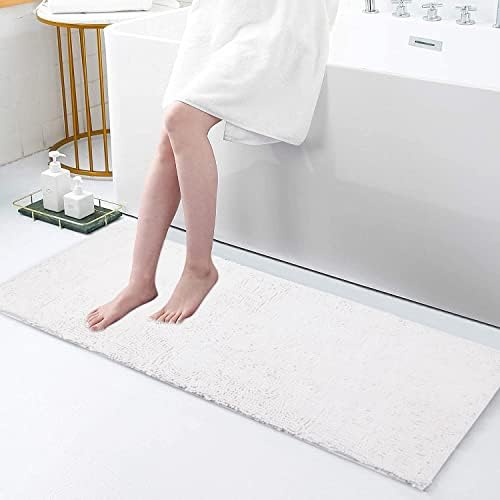 Bathroom Rugs Non Slip Chenille Long White Bathroom Runner with Rubber Backing, Fluffy Soft, Ultra Absorbent and Machine Washable Bath Shag Rug for Bathroom Tub and Double Sink (59" x 20", White)