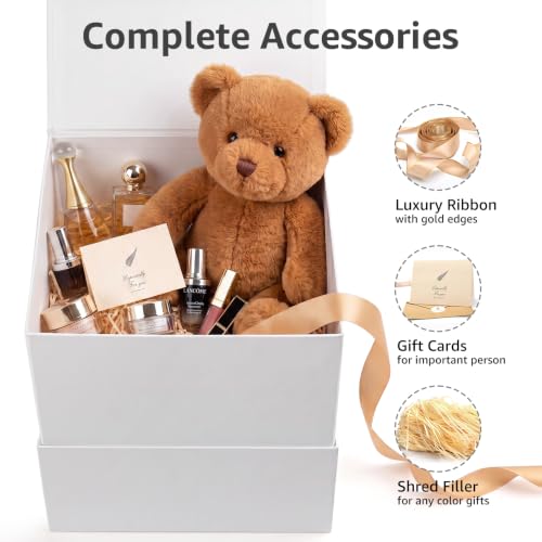 Image of LIFELUM Square Gift Box with Magnetic Lid, Card, Sticker, Ribbon, Shredded Paper Filler for Business, Wedding, Birthdays (White, square - 10.2 inch, 1 count (Pack of 1))