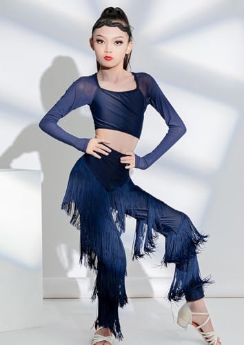 CRETUAO Roupas de dança latina de 2 peças para meninas top de manga comprida calças com franjas roup