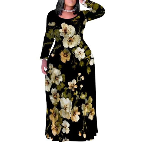 Image of PinkPatty Plus Size Maxi Dress for Curvy Women Crew Neck Long Sleeves Casual Dress Vacation Sundresses with Pockets