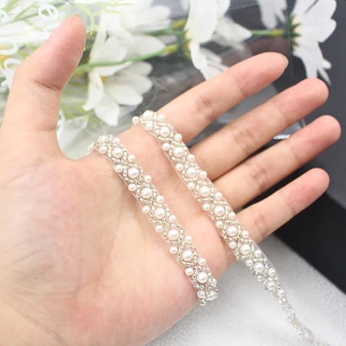 image for PEARLY JUN 2 Yards Pearl Beaded Trim Bead Lace Border White Edge Ribbo