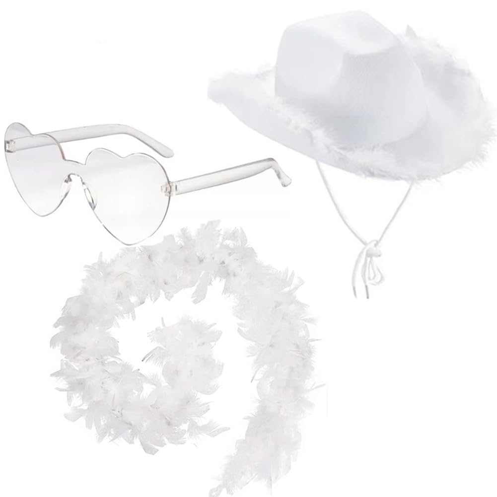 ZOOMPIL White Feather Cowgirl Hat with Feather Boa and Heart Sunglasses, Adjustable Felt Cowboy Hat for Women - Secure Fit, for Nashville Bachelorette Party, Cowgirl Costume & Country Concerts