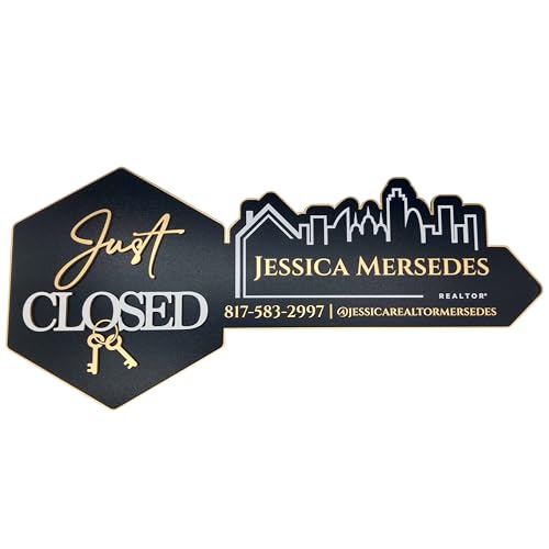 Real Estate Key Shaped Sign Just Closed Sold Sign for Realtors Real Estate Marketing Prop with City Skyline Design Black and Gold (Style 1)