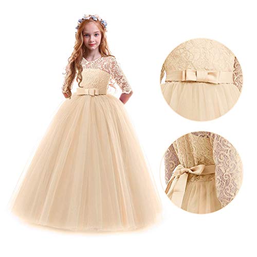 Flower Girl Long Princess Dress Vintage Lace Maxi Gown Kids Formal Wedding Bridesmaid Pageant Tulle Dresses Little Big Girls Elegant Bowknot Dance First Communion Birthday Prom Dresses Champagne 11-123