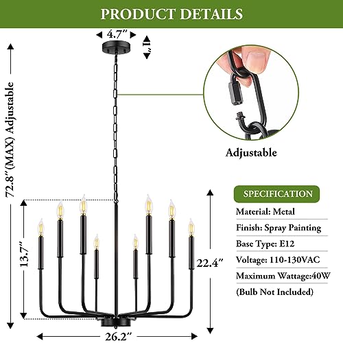 Black Farmhouse Chandelier, 8-Light Industrial Chandeliers for Dining Room Lighting Fixtures Hanging, Modern Candle Dining Light Fixtures Over Table for Bedroom, Foyer, Entryway, Kitchen, Living Room - Image 5