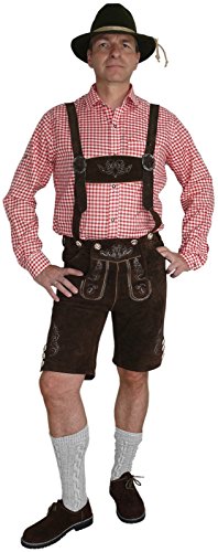 Harrys-Collection Trachtenlederhose Herren kurz mit Hosenträger Klassische Lederhose für Oktoberfest & Freizeit Echtes Leder mit Stickerei & Gürtel Gr. 46-62 Color:Dunkelbraun;Größe:52
