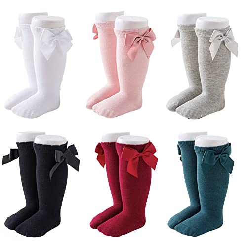 FedMois Calcetines Hasta la Rodilla con Lazo para Bebé Niñas Pack de 6, 0-1 año