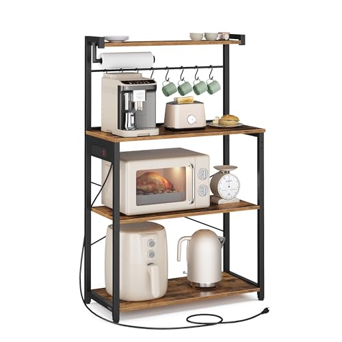 VASAGLE Kitchen Bakers Rack with Power Outlet, Coffee Bar 4-Tier with 8 S Hooks, Microwave Stand, Adjustable Shelf, 15.7 x 31.5 x 55.1 Inches, Rustic Brown and Ink Black UKKS029KD01