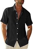 Fommykin Men's Linen Short Sleeve Shirts Cotton Casual Button Down Collared Beach Summer Solid Plain