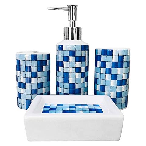 MUZI Ceramic Bathroom Accessories Set of 4 Pieces Modern Design Bath Set Soap Dispenser,Toothbrush Holder, Tumbler, Soap Dish(Blue Mosaic) Cover