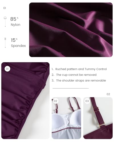 Women's Ruched Square Neck Tankini Set Two Pieces Ruched Tummy Control Suimsuit with Mid Waist Briefs4