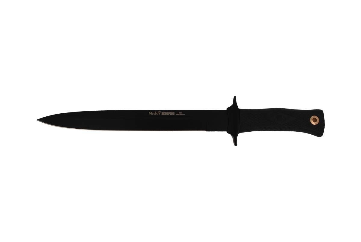Muela Cuchillo SCORPION-26G hoja de acero ACX-380 de 26 cm teflonada y empuñadura de goma para Caza, Pesca, Supervivencia y Bushcraft Realizado en Ciudad Real + Portabotellas de regalo