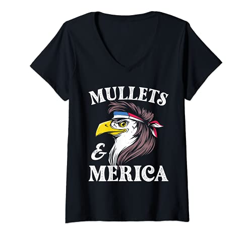 Donna Eagle mullet 4th of July USA American Flag Merica Funny Maglietta con Collo a V