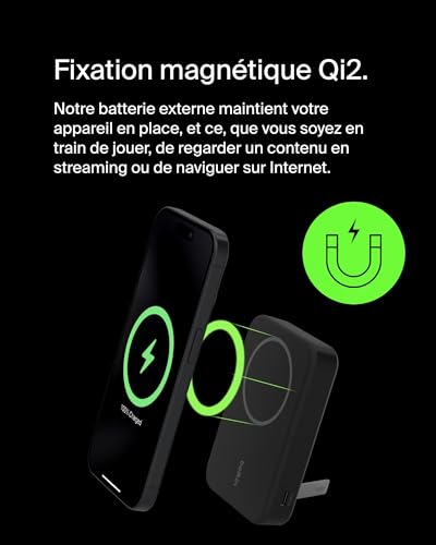 Belkin BoostCharge Pro Batterie Externe sans Fil 10 000 mAh avec Qi2 (Chargeur Portable Compatible MagSafe, Support intégré, pour iPhone 16, 16 Plus, 16 Pro, 16 Pro Max, iPhone 15, etc., Noire)