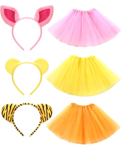 Chicingyou 6 Pcs Yellow Bear and Friends Costume Accessories Bear Pig and Tiger Ear Headband, Yellow Pink and Orange Tutu Skirts Animal Ear Costume for Adult Halloween Cosplay Party Supplies